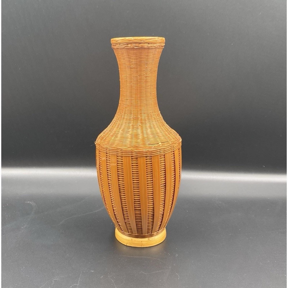 Vintage Woven Rattan Made The Republic Of China Bud‎ Vase Bamboo Porcelain Vase